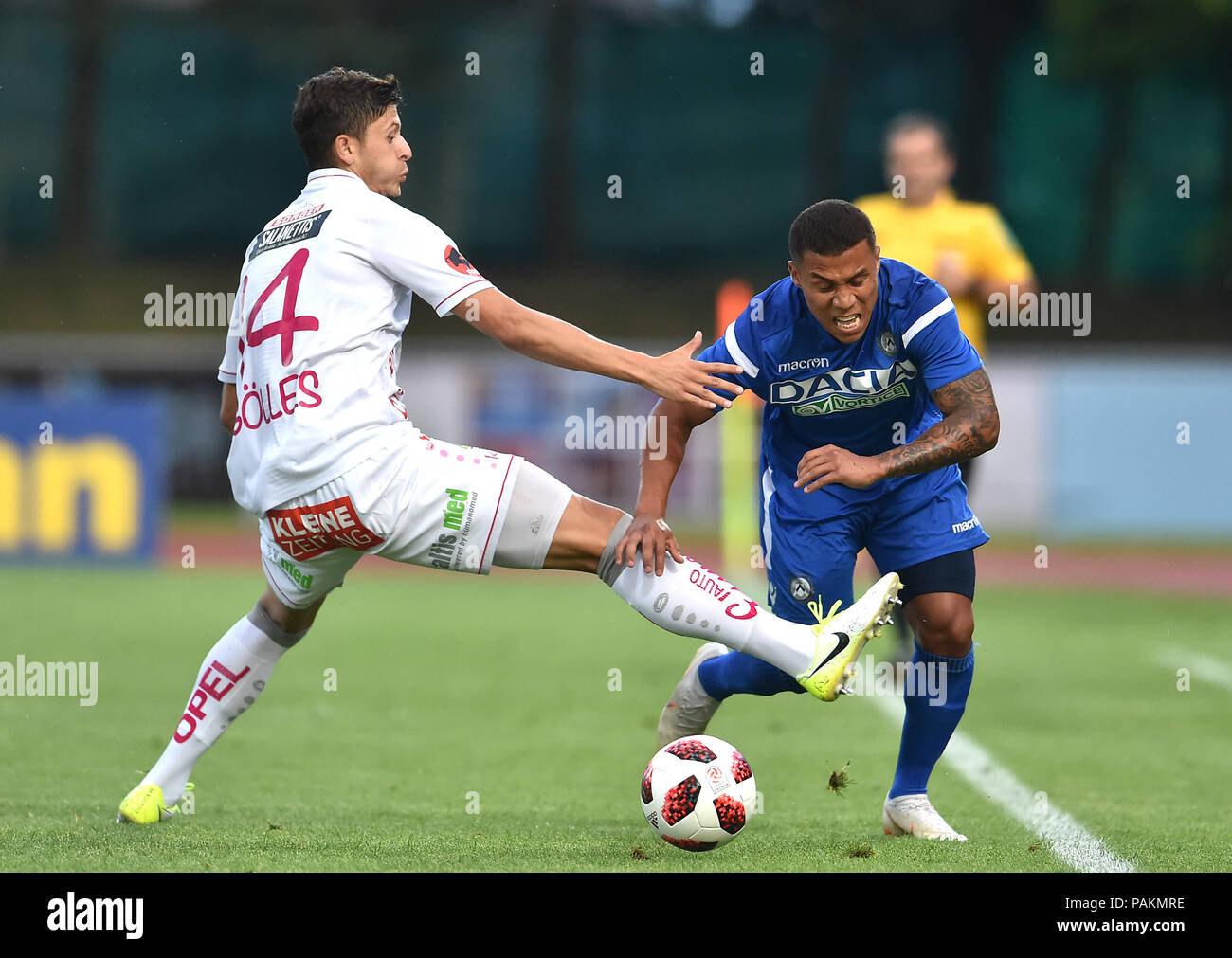 Wolfsberger, Austria, 24 July 2018. WAC's Golles vies with Udinese's Machis during the pre season friendly football match between RZ Pellets WAC and Udinese Calcio at Lavanttal Arena. photo Simone Ferraro / Alamy Live News Stock Photo