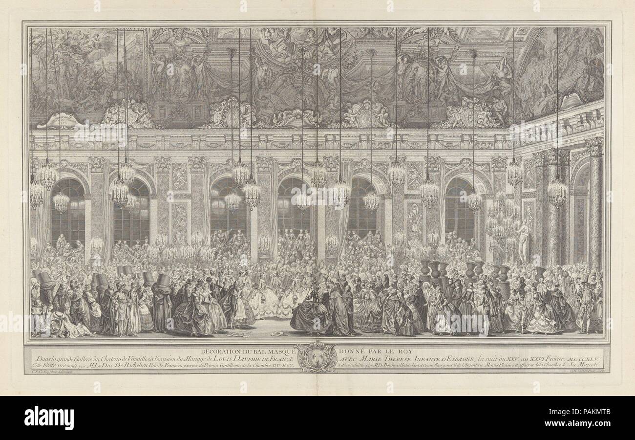 Decoration for a Masked Ball at Versailles, on the Occasion of the Marriage of Louis, Dauphin of France, and Maria Theresa, Infanta of Spain (Bal masqué donné par le roi, dans la grande galerie de Versailles, pour le mariage de Dauphin, 1745). Artist: After Charles Nicolas Cochin II (French, Paris 1715-1790 Paris); Charles Nicolas Cochin I (French, Paris 1688-1754 Paris). Dimensions: 18 3/4 x 30 1/4 in. (47.6 x 76.8 cm). Date: ca. 1860 reprint of 1764 plate.  In 1745, the marriage of Louis XV's son was celebrated with a masqued ball held at the royal château at Versailles. The event was afterw Stock Photo