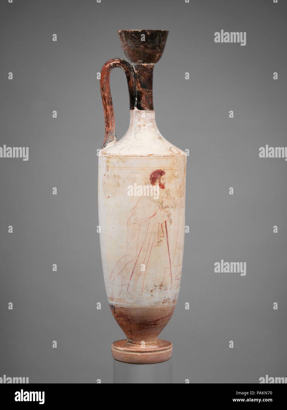 Terracotta lekythos (oil flask). Culture: Greek, Attic. Dimensions: H.: 17 3/4 in. (45.1 cm). Date: ca. 420-400 B.C..  Youth seated at a tomb with bearded, draped man. Museum: Metropolitan Museum of Art, New York, USA. Stock Photo