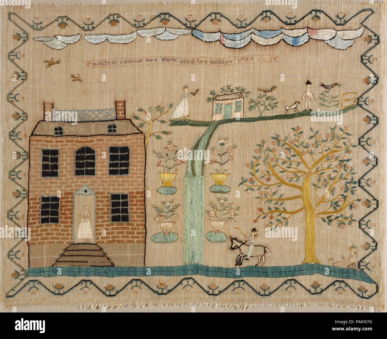 Embroidered Sampler. Culture: American. Dimensions: 21 1/8 x 16 1/4 in.  (53.7 x 41.3 cm). Maker: Millsent Connor (born 1789). Date: 1799. A female  figure greets visitors at the front door of