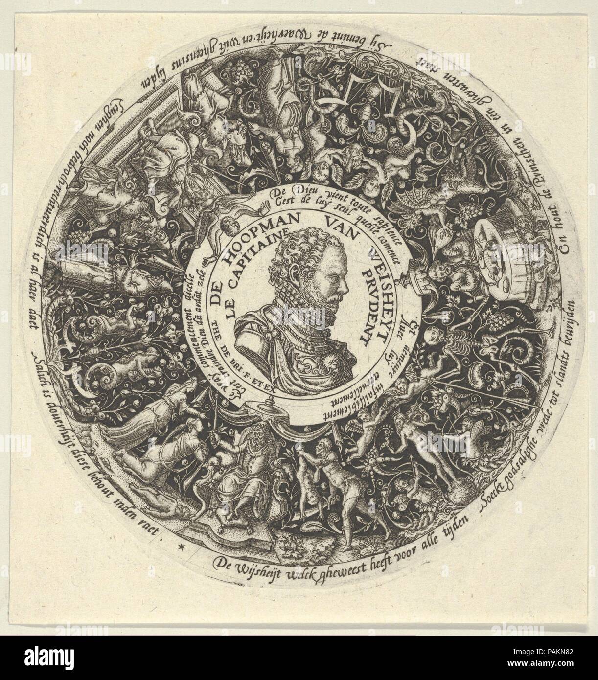 Portrait of William I of Orange, from a Series of Tazza Designs. Artist: Theodor de Bry (Netherlandish, Liège 1528-1598 Frankfurt). Dimensions: Sheet: 5 1/16 × 4 13/16 in. (12.9 × 12.3 cm). Date: ca. 1588.  In the central medallion, a portrait of William I of Orange as Commander of Wisdom, shown in profile facing right, framed by circular ornamental frieze. Depicted in the frieze below the medallion, a scene with the Judgement of Solomon. Museum: Metropolitan Museum of Art, New York, USA. Stock Photo