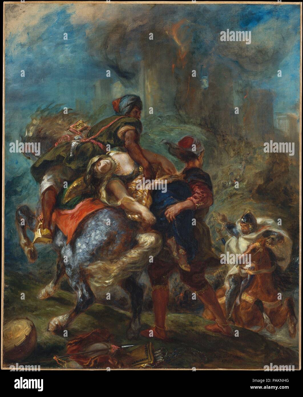 The Abduction of Rebecca. Artist: Eugène Delacroix (French, Charenton-Saint-Maurice 1798-1863 Paris). Dimensions: 39 1/2 x 32 1/4 in. (100.3 x 81.9 cm). Date: 1846.  Throughout his career, Delacroix was inspired by the novels of Sir Walter Scott, a favorite author of the French Romantics. This painting depicts a scene from <i>Ivanhoe</i>: the Jewish heroine Rebecca, who had been confined in the castle of Front de Boeuf (seen in flames), is carried off by two Saracen slaves commanded by the covetous Christian knight Bois-Guilbert. The contorted, interlocking poses and compacted space, which shi Stock Photo