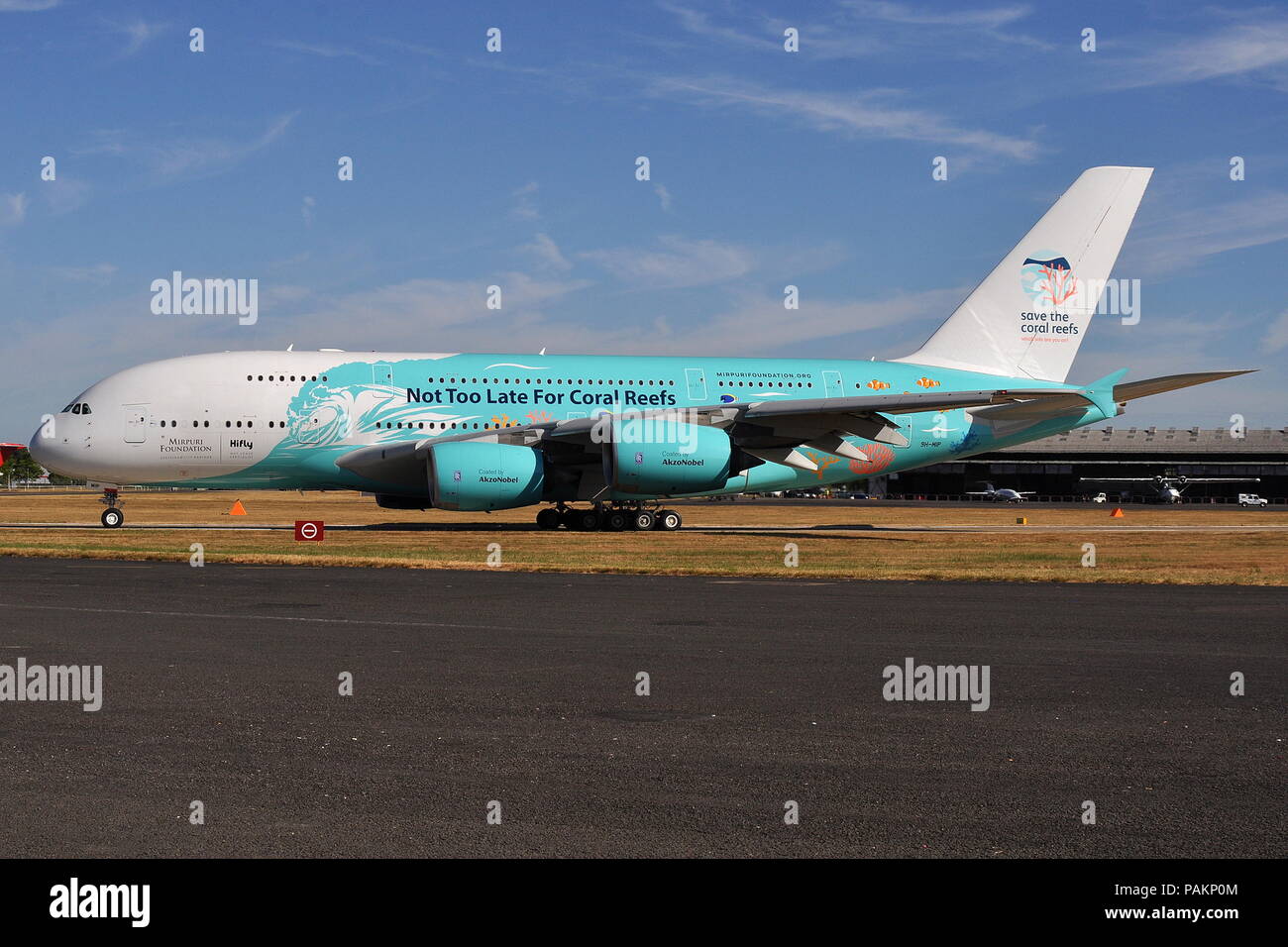 HIFLY AIRBUS A380 IN ‘Save The Coral Reefs’ livery. Stock Photo