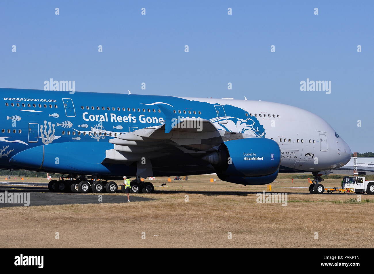 HIFLY AIRBUS A380 IN ‘Save The Coral Reefs’ livery. Stock Photo