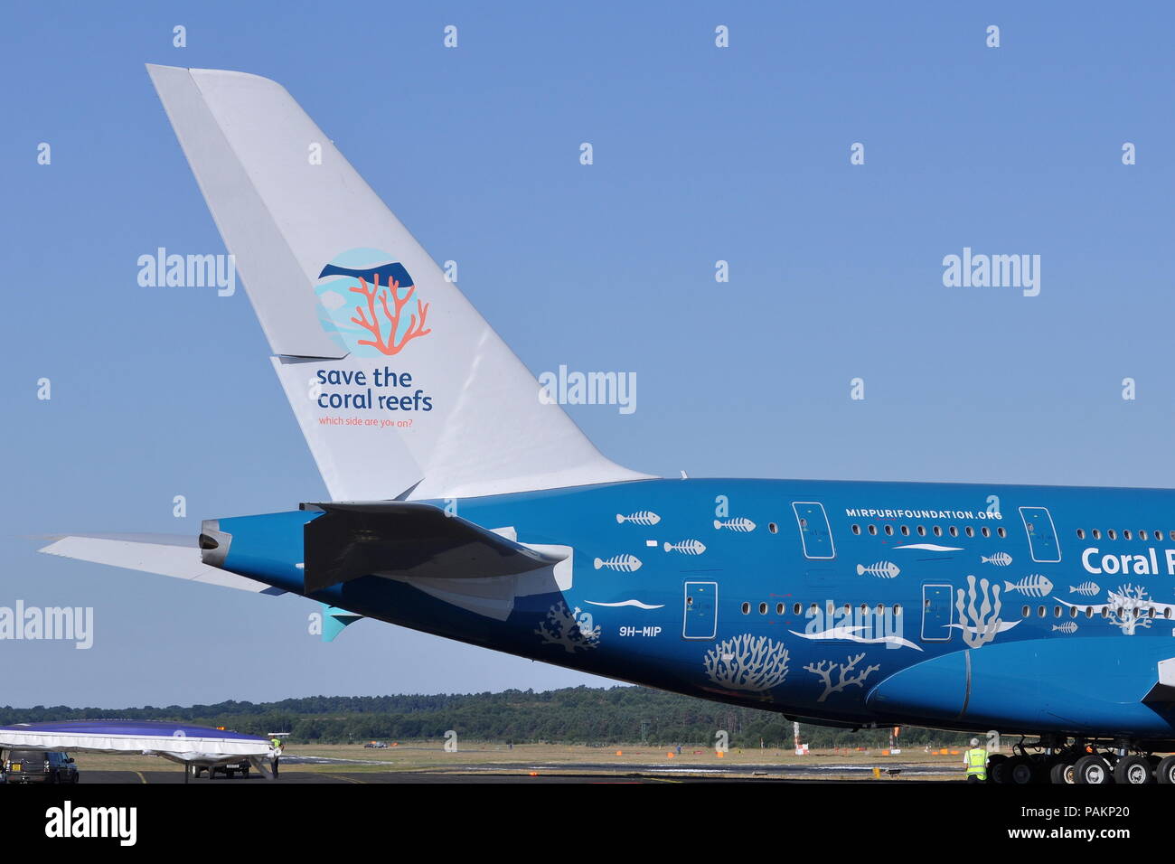 HIFLY AIRBUS A380 IN ‘Save The Coral Reefs’ livery. Stock Photo