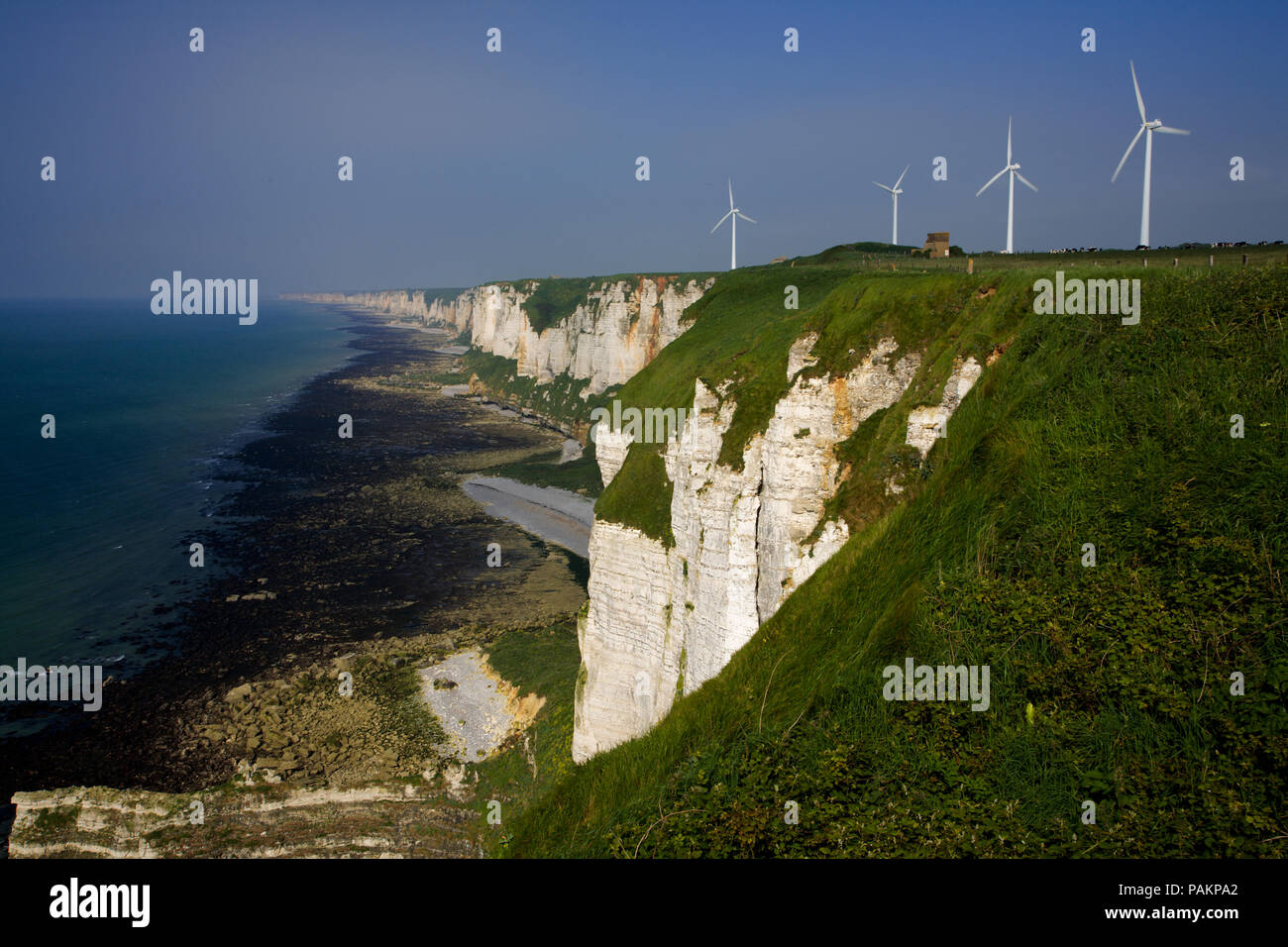 White chalk cliffs and wind turbines at Fecamp, Normandy, France Stock Photo