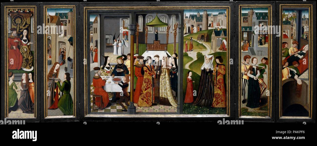 The Life and Miracles of Saint Godelieve. Artist: Master of the Saint Godelieve Legend (Netherlandish, active fourth quarter 15th century). Dimensions: Open 49 1/4 x 126 3/8 in. (125.1 x 311 cm); closed 49 1/4 x 63 1/4 in. (125.1 x 160.7 cm).  This fully intact altarpiece was perhaps commissioned by the Guild of the Load Bearers in Bruges for their chapel in the 'Onze-Lieve-Vrouwekerk' (Church of Our Lady). When closed, four saints--Josse, Nicholas, Quirinus, and John the Baptist--and two kneeling donors are visible. When open for the celebration of Mass, worshipers saw displayed for their edi Stock Photo
