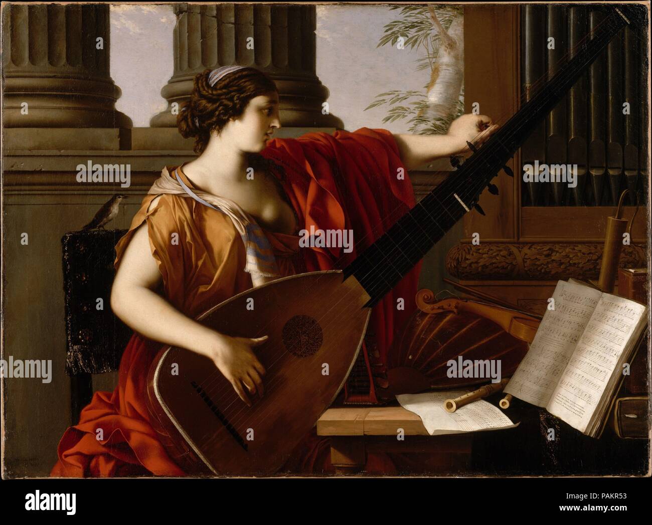 Allegory of Music. Artist: Laurent de La Hyre (French, Paris 1606-1656  Paris). Dimensions: 41 5/8 x 56 3/4 in. (105.7 x 144.1 cm). Date: 1649. The  allegorical figure tunes a theorbo. At