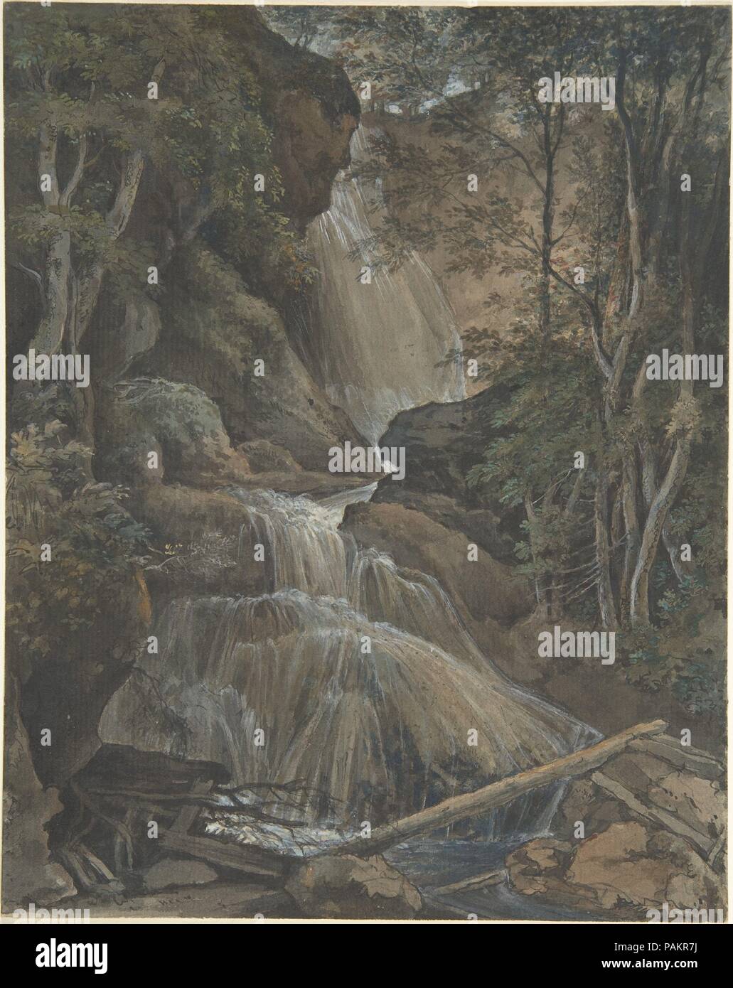 A Waterfall in a Forest at Langhennersdorf. Artist: Christoph Nathe (German, Nieder-Bielau 1753-1806 Schadewalde). Dimensions: sheet: 9 5/16 x 7 7/16 in. (23.7 x 18.9 cm). Date: 18th-early 19th century. Museum: Metropolitan Museum of Art, New York, USA. Stock Photo