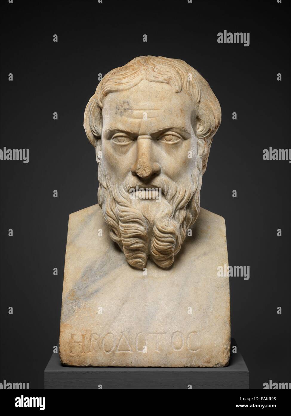 Marble bust of Herodotos. Culture: Roman. Dimensions: H. 18 3/4 in. (47.6  cm). Date: 2nd century A.D.. Copy of a Greek bronze statue of the first  half of the fourth century B.C.