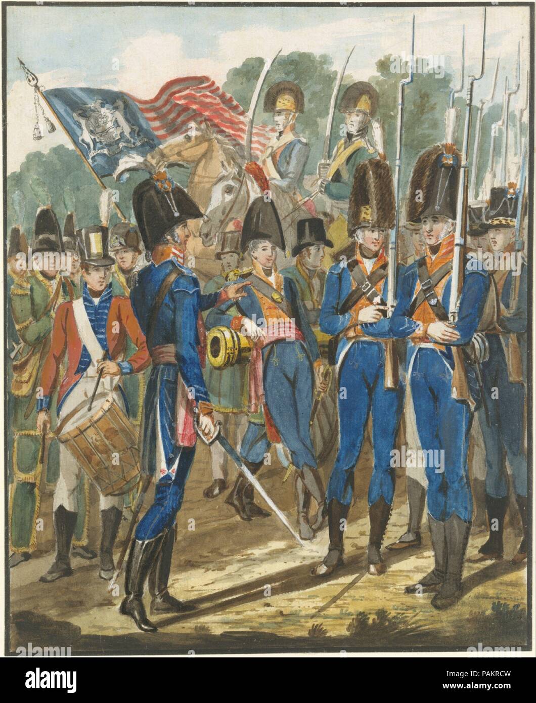Members of the City Troop and Other Philadelphia Soldiery. Artist: John Lewis Krimmel (1786-1821). Dimensions: 9 x 7 1/4 in. (22.9 x 18.4 cm). Former Attribution: Formerly attributed to Pavel Petrovich Svinin (1787/88-1839). Date: 1811-ca. 1813.  The oldest active volunteer mounted military unit in the United States, the First Troop Philadelphia City Cavalry was organized in 1774 in defense of the colonies. Shortly after commencement of war with Great Britain in the summer of 1812, the troop drilled several times a month for over a year; such an assembly may have provided the stimulus for this Stock Photo