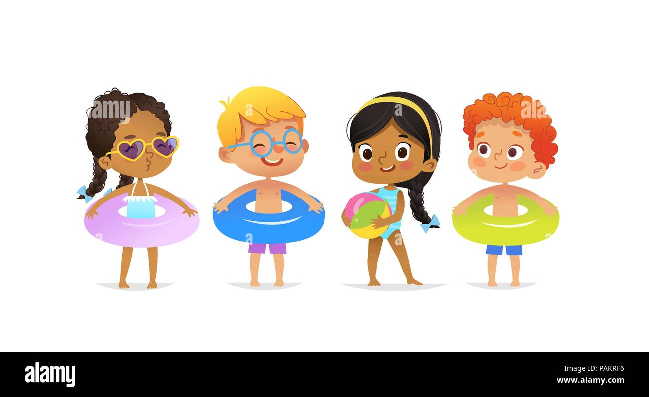 Pool party characters. Multiracial boys and girls wearing swimming suits  and rings have fun in pool. African-American Girl standing with ball. Cartoon  characters. Vector isolated Stock Vector Image & Art - Alamy