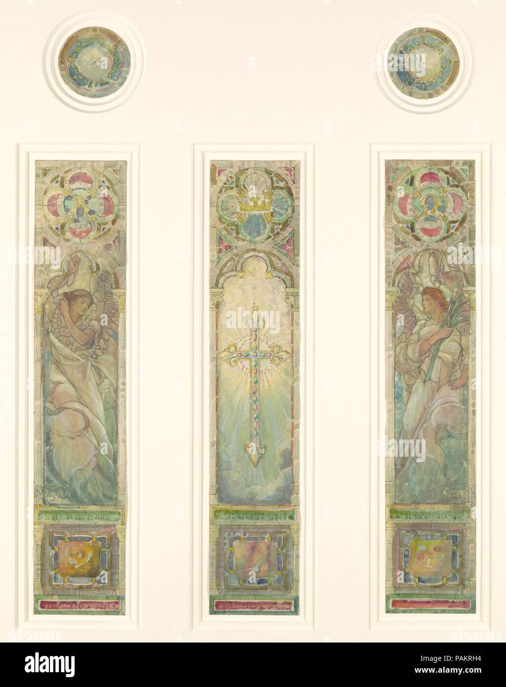 Design for triple light window. Artist: Probably Frederick Wilson (American (born Ireland) Dublin 1858-1932 Los Angeles, California). Culture: American. Dimensions: Overall: 21 x 13 3/16 in. (53.3 x 33.5 cm)  Design, rectangular window: 9 5/16 x 1 7/8 in. (23.7 x 4.7 cm)  Design, medallion: 1 1/2 in. (3.8 cm). Maker: Tiffany Studios (1902-32). Date: late 19th-early 20th century. Museum: Metropolitan Museum of Art, New York, USA. Stock Photo