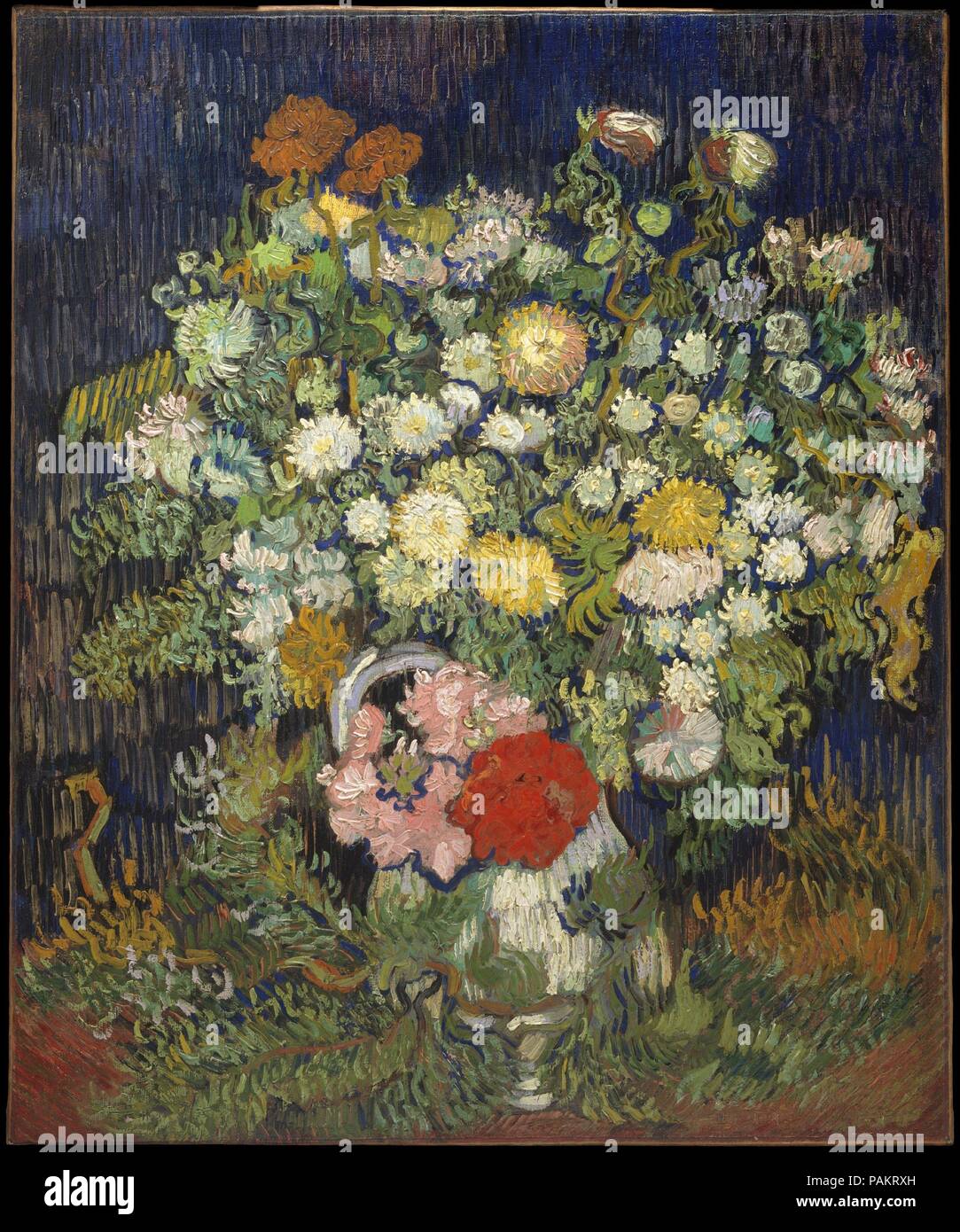 Bouquet of Flowers in a Vase. Artist: Vincent van Gogh (Dutch, Zundert 1853-1890 Auvers-sur-Oise). Dimensions: 25 5/8 x 21 1/4 in. (65.1 x 54 cm). Date: 1890.  This still life is not mentioned in Van Gogh's letters and has puzzled scholars as to its place in his artistic production. The subject enjoys a certain rapport with the mixed bouquets of summer flowers he made in Paris; the quasi-abstract floral wallpaper design in the <i>Berceuse</i> of Arles (1996.435), and the white porcelain vase in the <i>Irises</i> of Saint-Rémy (58.187). However, the palette and style of this painting, especiall Stock Photo