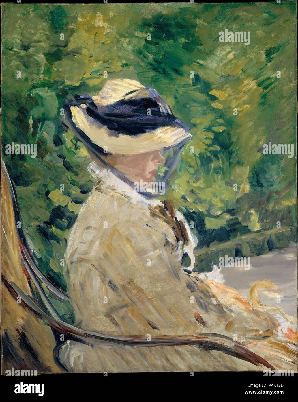 Madame Manet (Suzanne Leenhoff, 1830-1906) at Bellevue. Artist: Édouard Manet (French, Paris 1832-1883 Paris). Dimensions: 31 3/4 x 23 3/4 in. (80.6 x 60.3 cm). Date: 1880.  Despite the seemingly rapid brushwork and the summary treatment of detail, this painting was preceded by at least two drawings and an oil sketch. This is Manet's last portrait of his wife; it was painted at Bellevue, a suburb of Paris, where they spent the summer of 1880. Museum: Metropolitan Museum of Art, New York, USA. Stock Photo