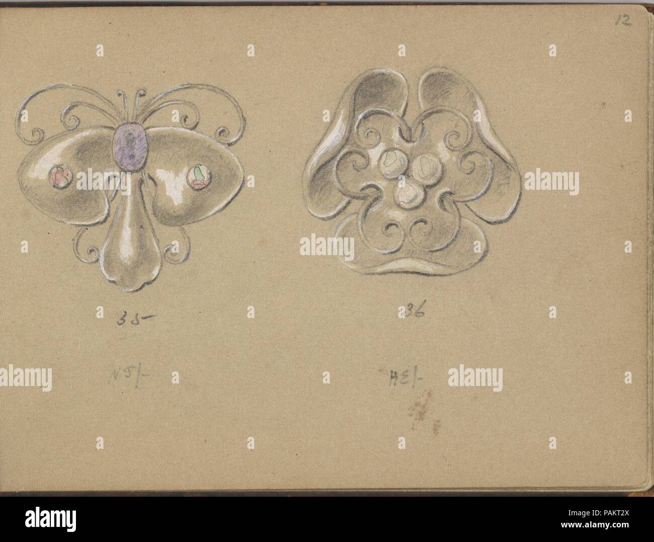 Two SIlver Jewelry Designs. Artist: Edgar Gilstrap Simpson (British, 1867-1945 (presumed)). Dimensions: sheet: 3 1/2 x 5 in. (8.9 x 12.7 cm). Date: 1899.  Two designs for silver pieces of jewelry, possibly brooches or pins. The first is shaped like a butterfly with a purple colored stone for the head and one smaller pink stone on each wing. The second looks like a flower with three white petals and three white pearls in the center. The designs are numbered individually (continuous from the previous pages). Museum: Metropolitan Museum of Art, New York, USA. Stock Photo