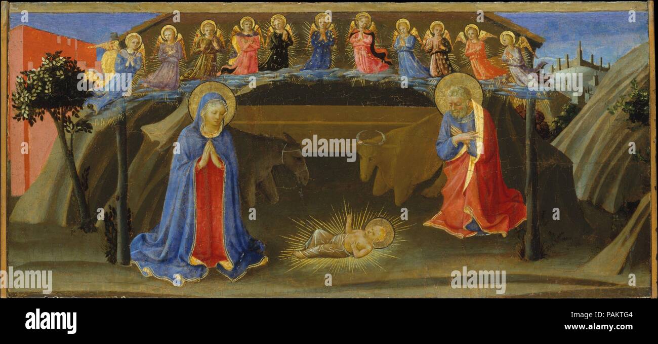The Nativity. Artist: Attributed to Zanobi Strozzi (Italian, Florence 1412-1468 Florence). Dimensions: 7 3/8 x 17 1/8 in. (18.7 x 43.5 cm). Date: ca. 1433-34.  Although long ascribed to Fra Angelico, this enchanting Nativity is probably by his pupil Zanobi Strozzi, who is especially known for his manuscript illuminations. The scene is from the base (predella) of an altarpiece. Especially the arc of angels, beautifully choreographed and dressed in a pleasing array of pastel-colored robes enhanced by gold decorations, is typical of Zanobi's essentially decorative style. The altarpiece may date t Stock Photo