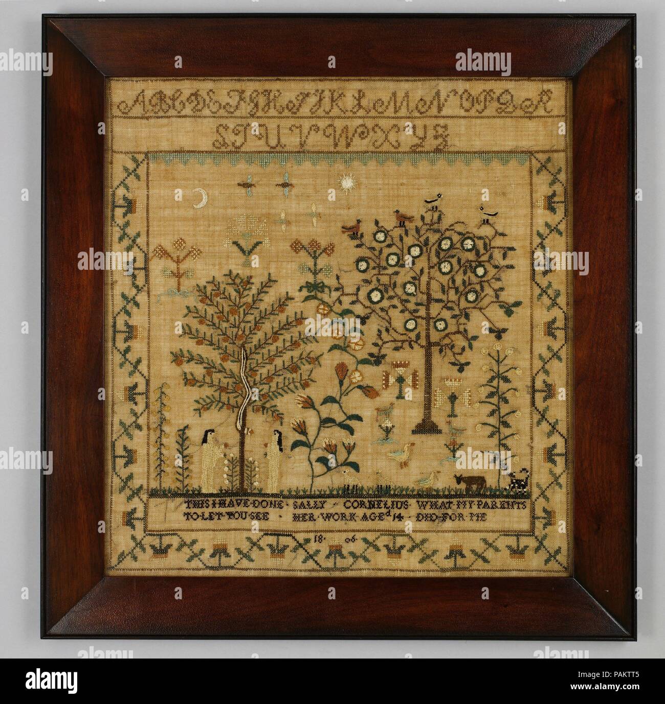 Embroidered sampler. Culture: American. Dimensions: 17 1/4 x 16 1/4 in. (43.8 x 41.3 cm). Maker: Sally Cornelius (1792-1877). Date: 1806. Museum: Metropolitan Museum of Art, New York, USA. Stock Photo