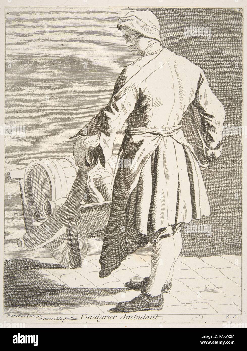 Wandering Vinegar Seller. Artist: Anne Claude Philippe de Tubières, comte de Caylus (French, Paris 1692-1765 Paris); After Edme Bouchardon (French, Chaumont 1698-1762 Paris). Dimensions: Sheet: 9 3/16 x 6 15/16 in. (23.3 x 17.6 cm)  Image: 8 7/8 x 6 7/8 in. (22.6 x 17.5 cm). Publisher: François Joullain (French, Paris 1697-1778 Paris). Series/Portfolio: Cries of Paris: Third Set  (Études Prises dans le Bas Peuple où les Cris de Paris: Troisième Suite). Date: 1738. Museum: Metropolitan Museum of Art, New York, USA. Stock Photo