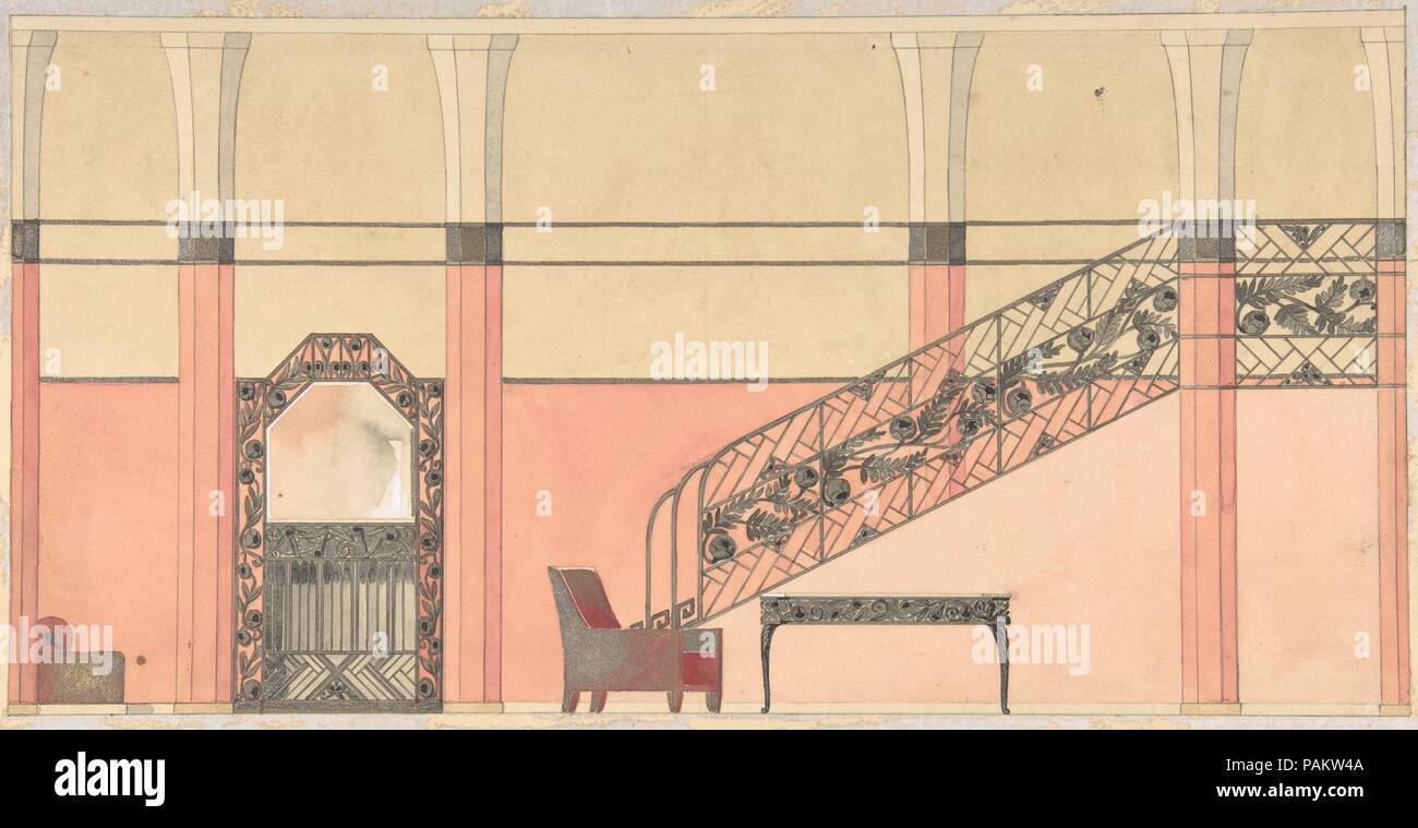 Design for a Hallway with Wrought-iron Details. Artist: Georges de Feure (French, Paris 1868-1943 Paris). Dimensions: sheet: 9 3/4 x 17 5/16 in. (24.7 x 43.9 cm). Date: ca. 1925.  In his early career, Georges de Feure was much celebrated for the 'Femmes Fatales' in his paintings and his endeavors in the field of interior design and the decorative arts. He created designs for ceramics, silverware, jewelry, textiles, the graphic arts and furniture in the newly emerged style of Art Nouveau. His work was promoted by the famous art dealer Siegfried Bing (1838-1905), whose Maison de l'Art Nouveau ha Stock Photo