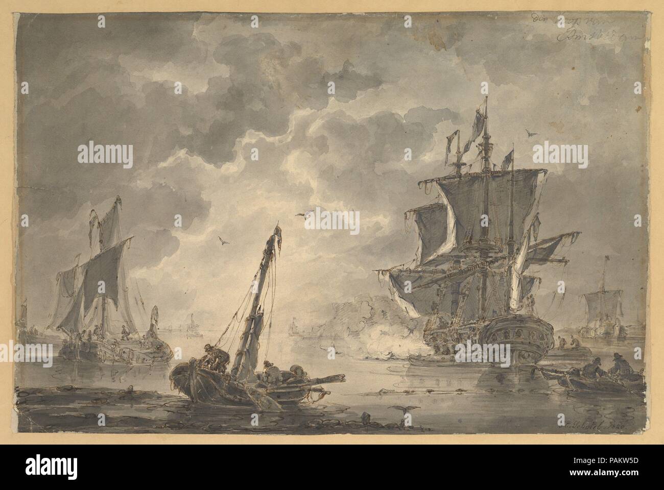 Marine, the Cannon Shot. Artist: Johannes Christiaan Schotel (Dutch, Dordrecht 1787-1838 Dordrecht). Dimensions: 13 3/4 x 20 11/16 in.  (35 x 52.5 cm). Museum: Metropolitan Museum of Art, New York, USA. Stock Photo