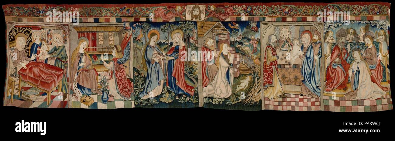 Scenes from the Life of the Virgin. Culture: Upper Rhenish. Dimensions: 41 x 138 in.  (104.1 x 350.5 cm). Date: ca. 1500.  Mary, the mother of Jesus, was the focus of intense veneration in the late Middle Ages. Possibly created as an altar frontal, this hanging depicts scenes from her life: her Birth, the Annunciation, the Visitation with her cousin Elizabeth (mother of John the Baptist), the Nativity of Jesus, the Presentation of Jesus in the Temple, and her Coronation by the Trinity. At the top, two angels hold the vera icon, an image of the imprint of Christ's face believed to have been mir Stock Photo