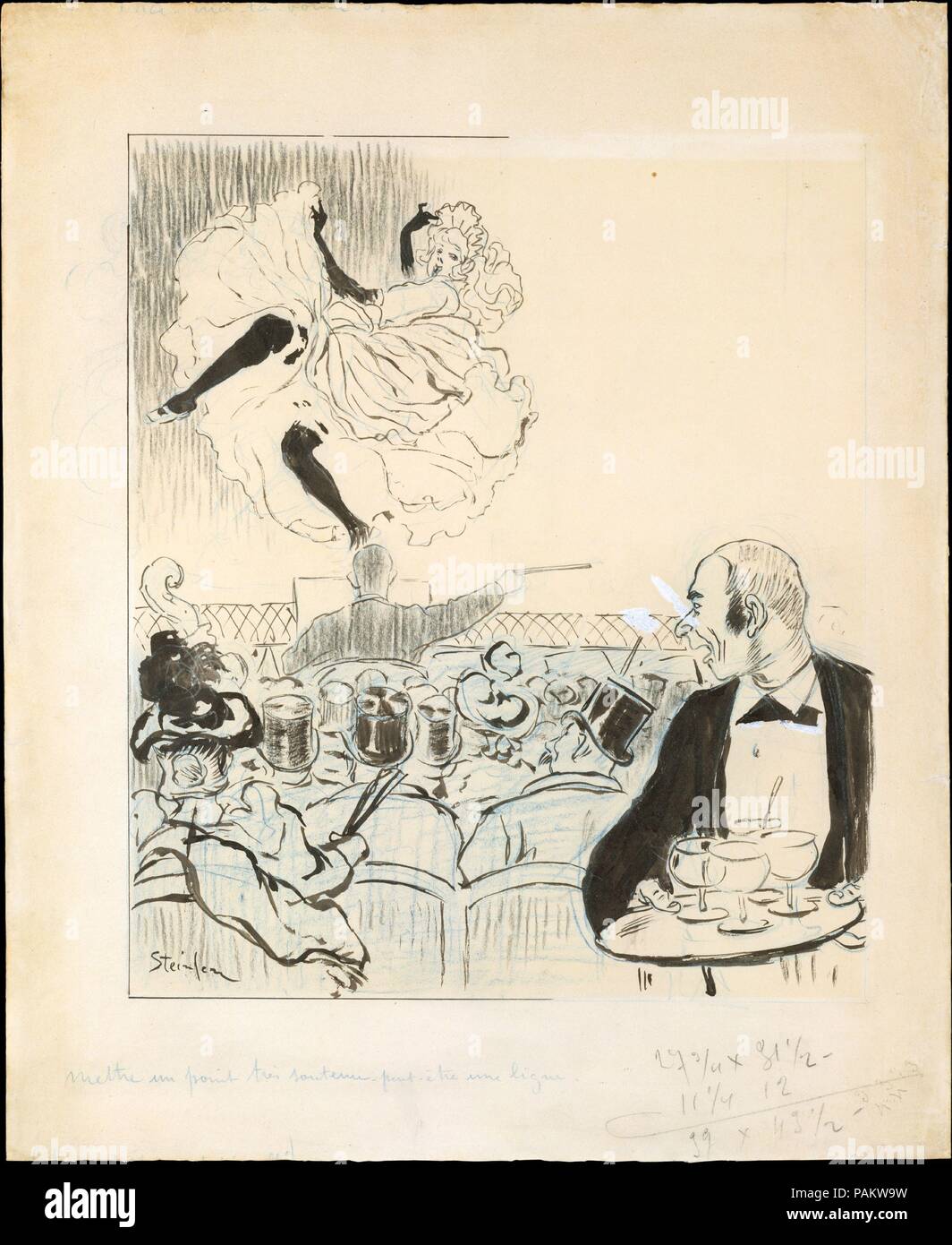 Dancer at a Café Concert. Artist: Théophile-Alexandre Steinlen (French (born Switzerland), Lausanne 1859-1923 Paris). Dimensions: 17 1/16 x 14 1/8 in.  (43.4 x 35.8 cm). Date: 1892-93.  An illustrator and poster artist, Steinlen's flamboyant imagery of the café concert invites comparison with Henri de Toulouse-Lautrec, his neighbor in Paris.  Steinlen was the principal illustrator of Le Mirliton, a journal published by Aristide Bruant, the owner of a cabaret by the same title.  Steinlen made this drawing as a cover design for the 17 February 1893 issue of the journal, to illustrate the song 'T Stock Photo