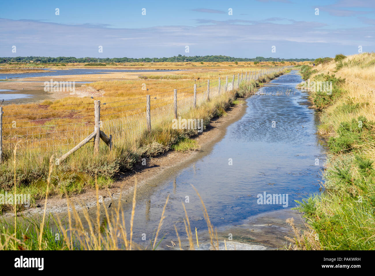 View over Lymington and Keyhaven Marshes Nature Reserve during very dry weather conditions in July 2018, Lymington, Hampshire, England, UK Stock Photo