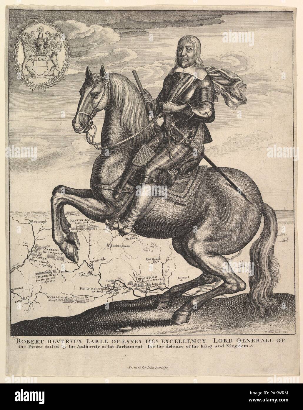 Earl of Essex on Horseback. Artist: Wenceslaus Hollar (Bohemian, Prague 1607-1677 London). Dimensions: Sheet: 13 5/8 × 10 15/16 in. (34.6 × 27.8 cm). Date: 1643.  Robert Devereux Earle of Essex & Ewe, Viscount Herreford, Lord Ferryes of Chartley, seated wearing armor on a prancing horse with a map of his victories in the background. Museum: Metropolitan Museum of Art, New York, USA. Stock Photo
