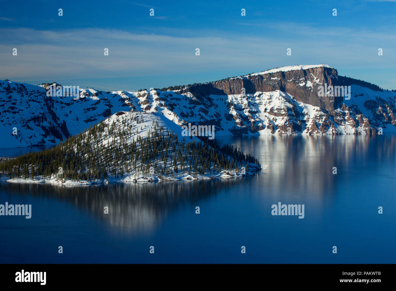 Wizard Island with Llao Rock, Crater Lake National Park, Oregon Stock Photo