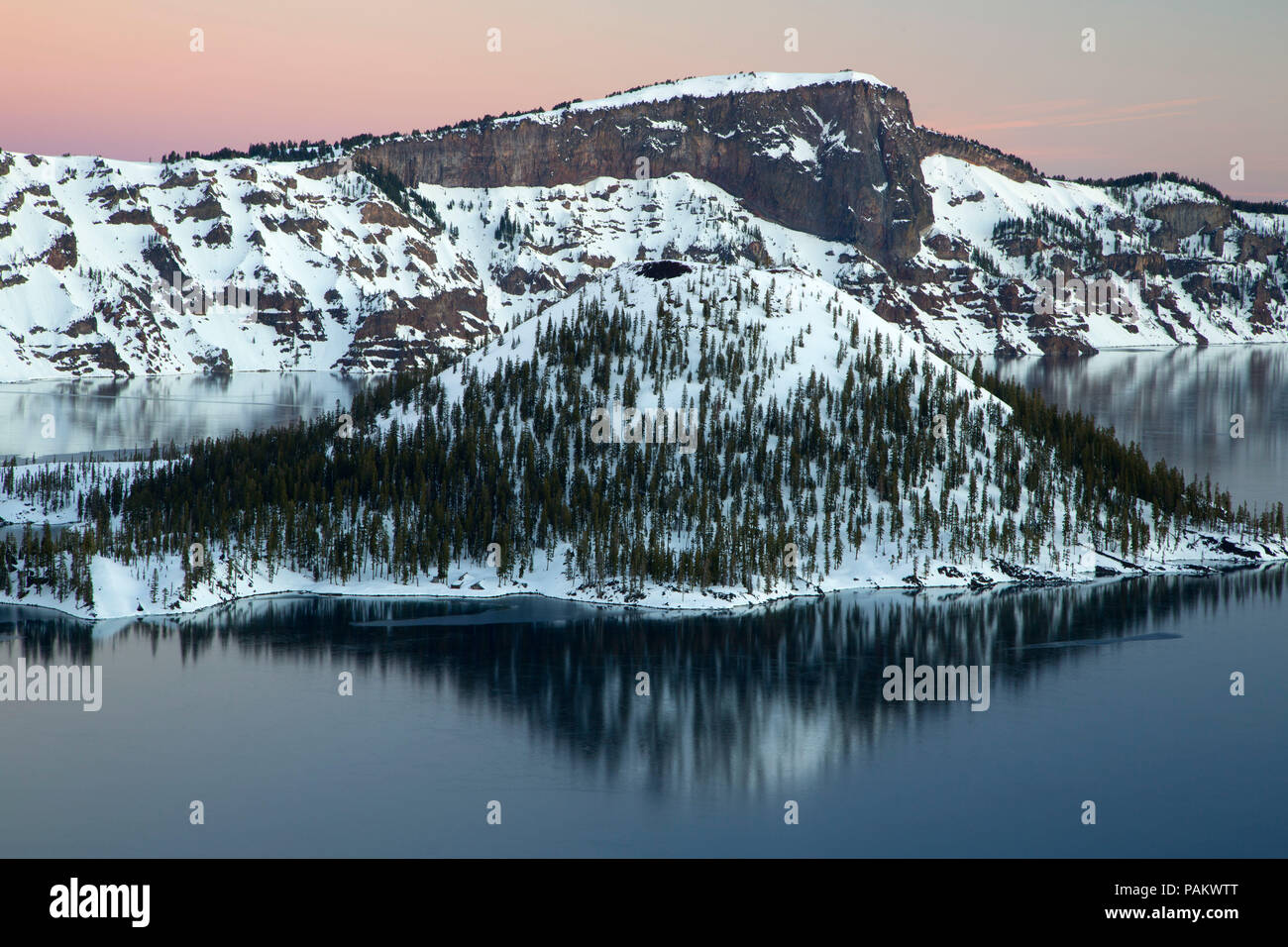 Wizard Island with Llao Rock, Crater Lake National Park, Oregon Stock Photo