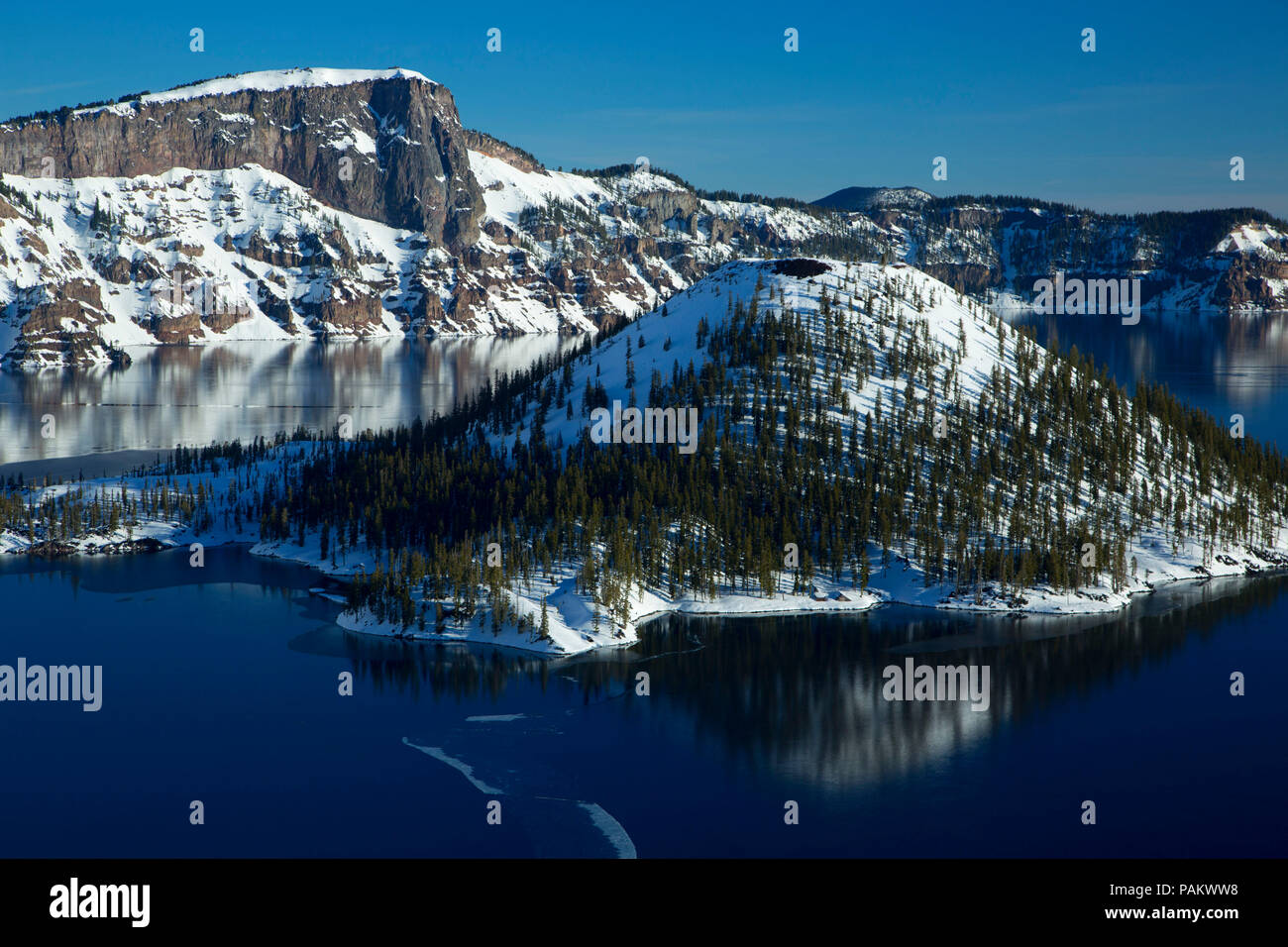 Wizard Island with Llao Rock, Crater Lake National Park, Oregon Stock Photo