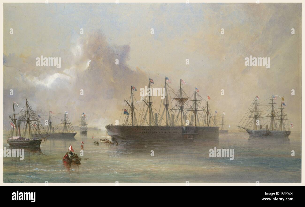 The Atlantic Telegraph Cable Fleet Assembled at Berehaven (Southwest Coast of Ireland): Ships, the Great Eastern, H.M.S. Terrible, the Alby, the Medway and the William Cory. Artist: Robert Charles Dudley (British, 1826-1909). Dimensions: Sheet: 12 13/16 × 21 5/16 in. (32.6 × 54.2 cm). Date: 1866.  One of the 19th century's great technological achievements was to lay a telegraphic cable beneath the Atlantic, allowing messages to speed back and forth between North America and Europe in minutes, rather than ten or twelve days by steamer. An initially successful attempt in 1858, led by Cyrus W. Fi Stock Photo