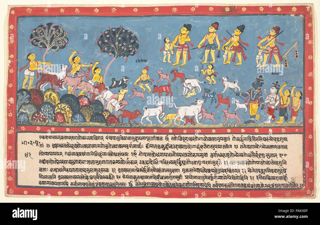Krishna, Balarama, and the Cowherders: Page from a Dispersed Bhagavata Purana (Ancient Stories of Lord Vishnu). Culture: India (Orissa). Dimensions: 9 5/8 x 15 1/4 in. (24.4 x 38.7 cm). Date: 1800-1825.  Krishna and Balarama, at the lower right, join the other gopas (cowherders) in the fields of Vrindavan. Museum: Metropolitan Museum of Art, New York, USA. Stock Photo