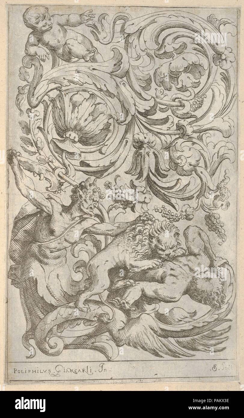 Disegni Varii di Polifilo Zancarli. Artist: Polifilo Giancarli (active in Venice ca. 1600-1625); Odoardo Fialetti (Italian, Bologna 1573-1637/38 Venice). Dimensions: Plate: 9 1/4 x 5 13/16 in. (23.5 x 14.7 cm). Published in: Venice. Publisher: Tasio Giancarli (Italian, active in Venice (?) ca. 1625). Date: 1628 before.  Vertical panel design with an acanthus rinceau. The lower half of the print shows a satyr attacking a lion with part of a jaw bone. The lion in turn is attacking a male figure whose lower body consists of acanthus leaves. Above in the rinceau a putto is depicted. Museum: Metrop Stock Photo