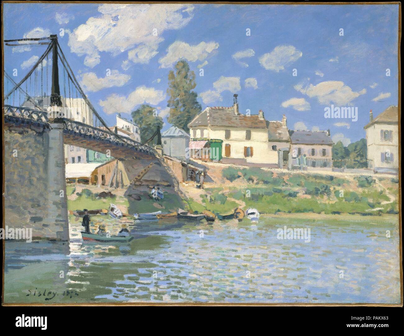 The Bridge at Villeneuve-la-Garenne. Artist: Alfred Sisley (British, Paris 1839-1899 Moret-sur-Loing). Dimensions: 19 1/2 x 25 3/4 in. (49.5 x 65.4 cm). Date: 1872.    Recently built, state-of-the-art bridges, emblematic of modernity, appear in a number of Sisley's paintings of the 1870s and early 1880s. This close-up, dramatically angled view depicts the cast-iron and stone suspension bridge that was constructed in 1844 to connect the village of Villeneuve-la-Garenne with the Paris suburb of Saint-Denis. Sisley enlivened the scene by showing holidaymakers on the Seine and along the riverbank. Stock Photo