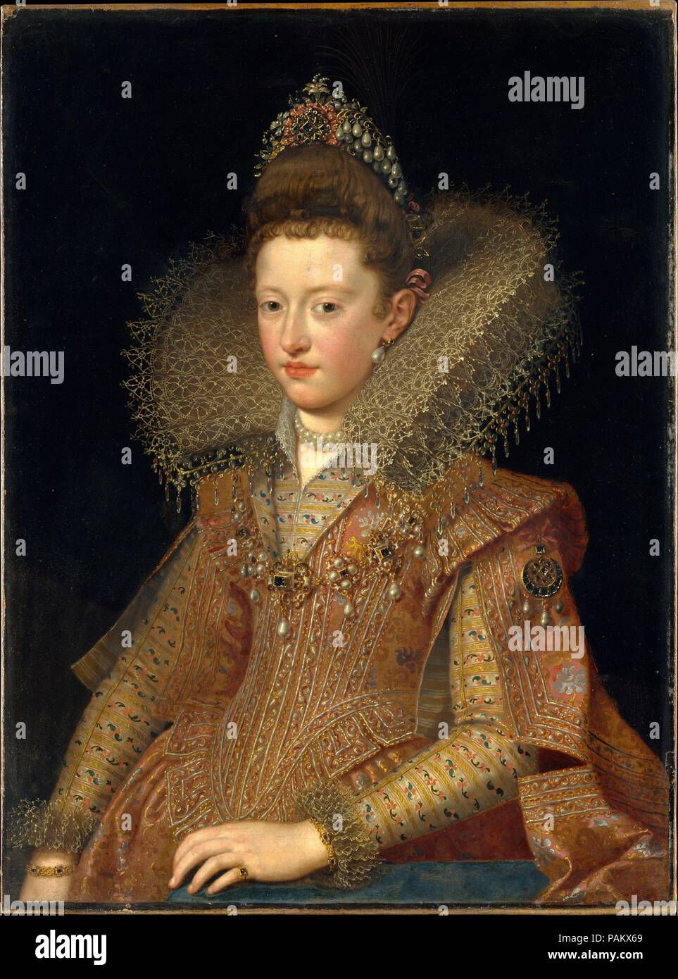 Margherita Gonzaga (1591-1632), Princess of Mantua. Artist: Frans Pourbus the Younger (Netherlandish, Antwerp 1569-1622 Paris). Dimensions: 36 1/2 × 27 1/4 in. (92.7 × 69.2 cm).  Pourbus was court painter of Archduke Albert in Brussels when in 1600 he went to Italy at the invitation of Vincenzo Gonzaga, Duke of Mantua. This portrait must depict the Duke of Mantua's daughter, Margherita, to judge from Pourbus's full-length portrait of her dated 1605 in the Uffizi, Florence. In this period Rubens also worked for Vincenzo Gonzaga, but he eagerly left the painting of formal portraits and a gallery Stock Photo