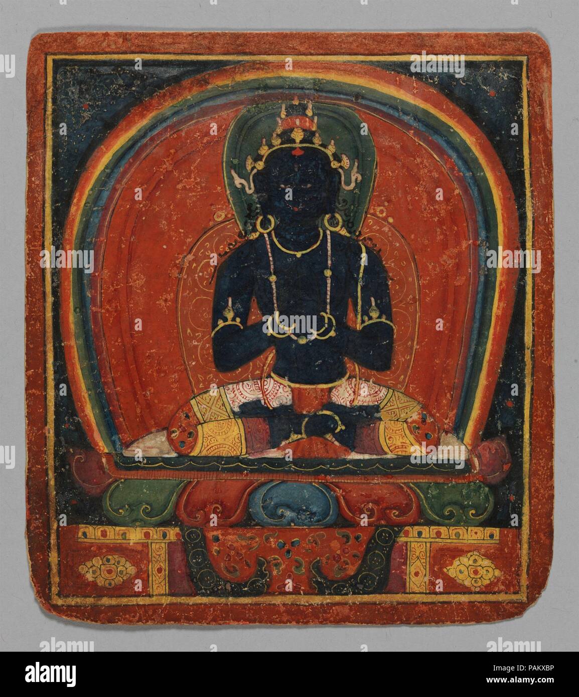 Initiation Card (Tsakalis): Samanthabhadri (Consort). Culture: Tibet. Dimensions: Each 6 1/4 x 5 3/4 in. (16 x 14.5 cm). Date: early 15th century.  Tsakali cards were used by itinerant teachers moving from one monastery to another in order to evoke Vajrayana Buddhist deities. When laid on the ground in the form of a mandala, as seen here, they functioned to create a fixed sacred space like that of a temple. The deities shown on these initiation cards include the Tathagata Buddhas, various bodhisattvas, fierce protectors, and the six possible realms of rebirth seen across the bottom. They proba Stock Photo