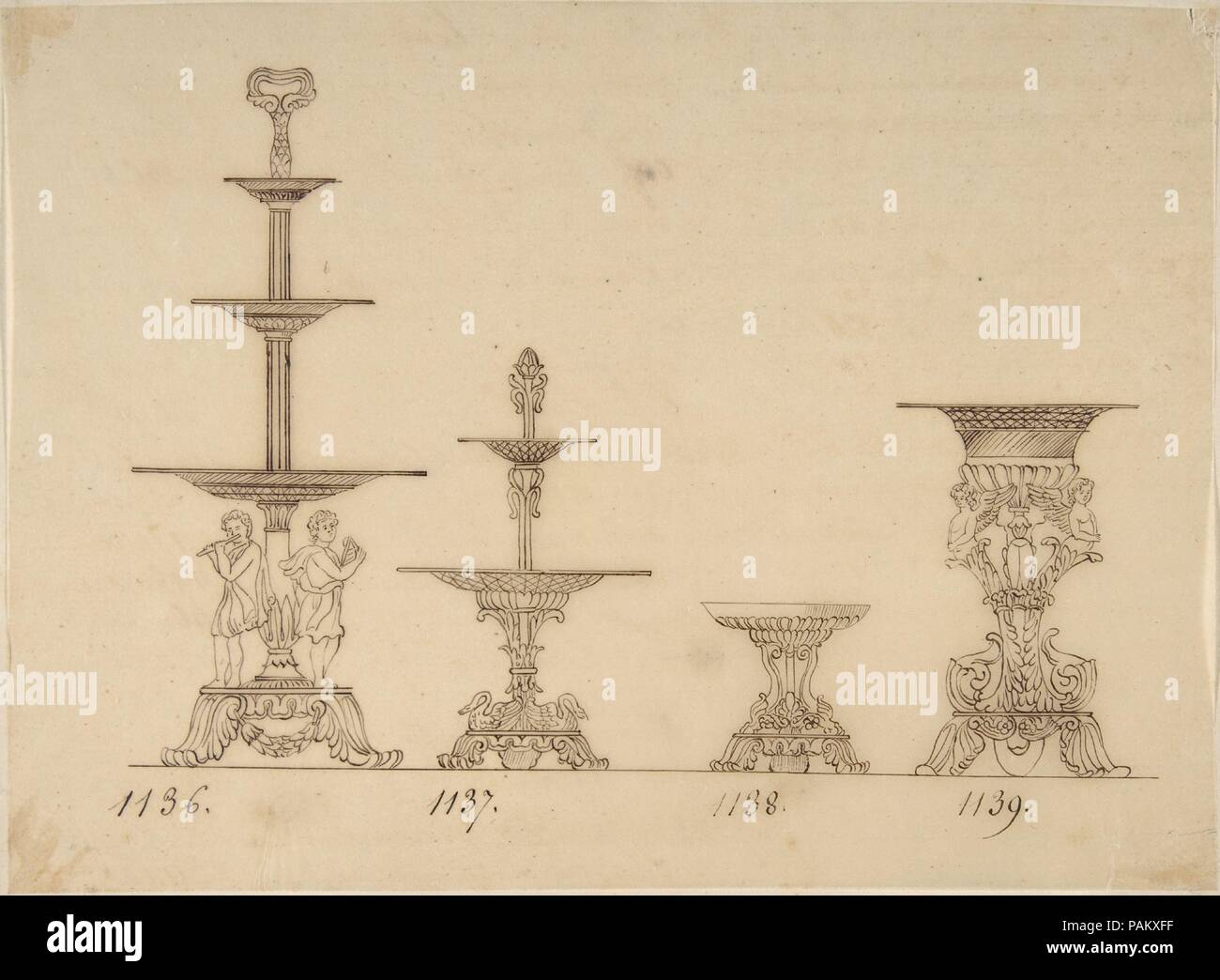 Designs for Serving Trays, a Dish and an Urn. Artist: Anonymous, French, 19th century. Dimensions: sheet: 6 15/16 x 9 1/2 in. (17.7 x 24.2 cm). Date: 19th century. Museum: Metropolitan Museum of Art, New York, USA. Stock Photo