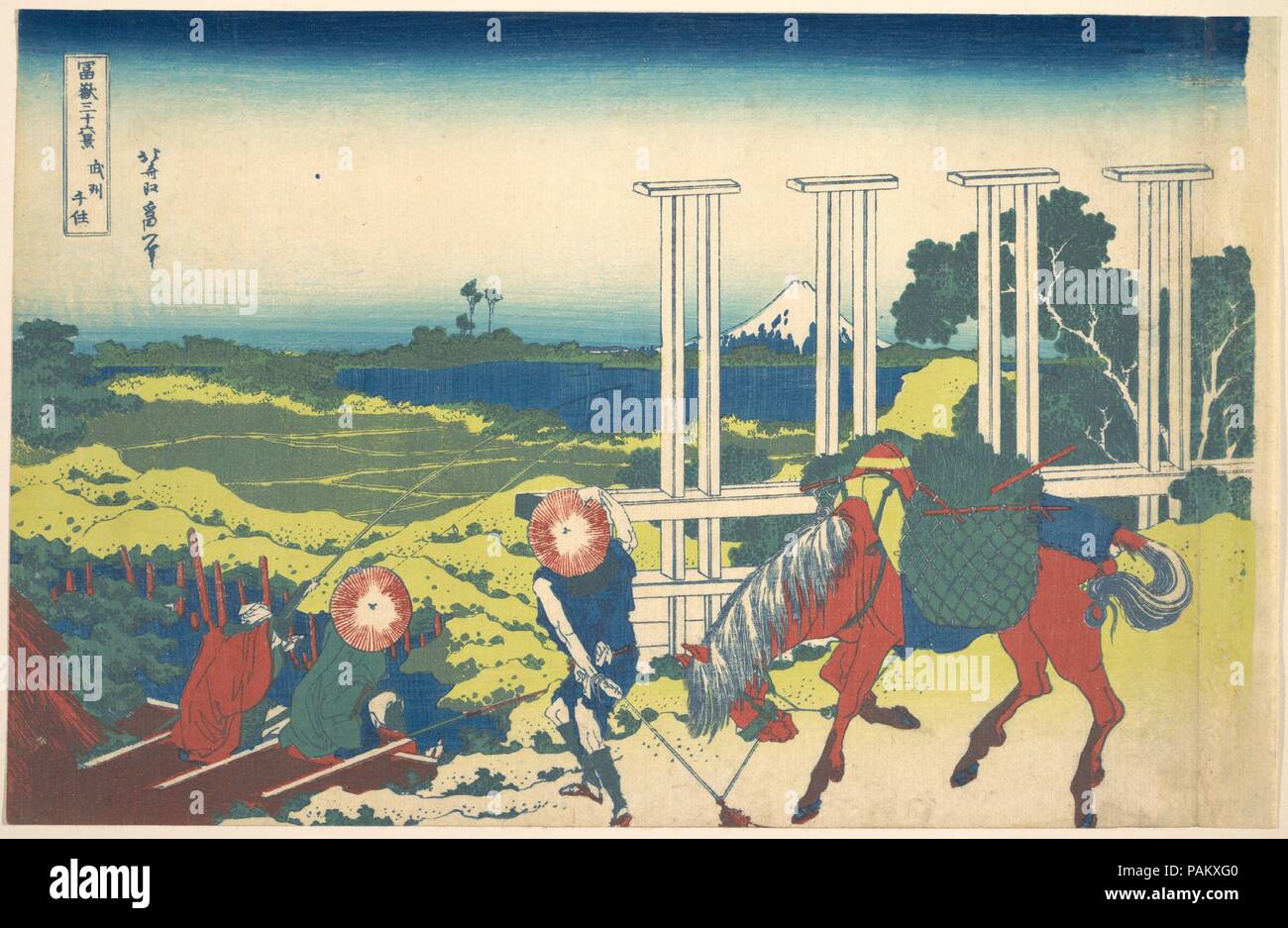 Senju in Musashi Province (Bushu Senju), from the series Thirty-six Views of Mount Fuji (Fugaku sanjurokkei). Artist: Katsushika Hokusai (Japanese, Tokyo (Edo) 1760-1849 Tokyo (Edo)). Culture: Japan. Dimensions: 9 5/8 x 15 in. (24.4 x 38.1 cm). Date: ca. 1830-32. Artwork also known as: 36 ANSICHTEN DES FUJI. Museum: Metropolitan Museum of Art, New York, USA. Stock Photo