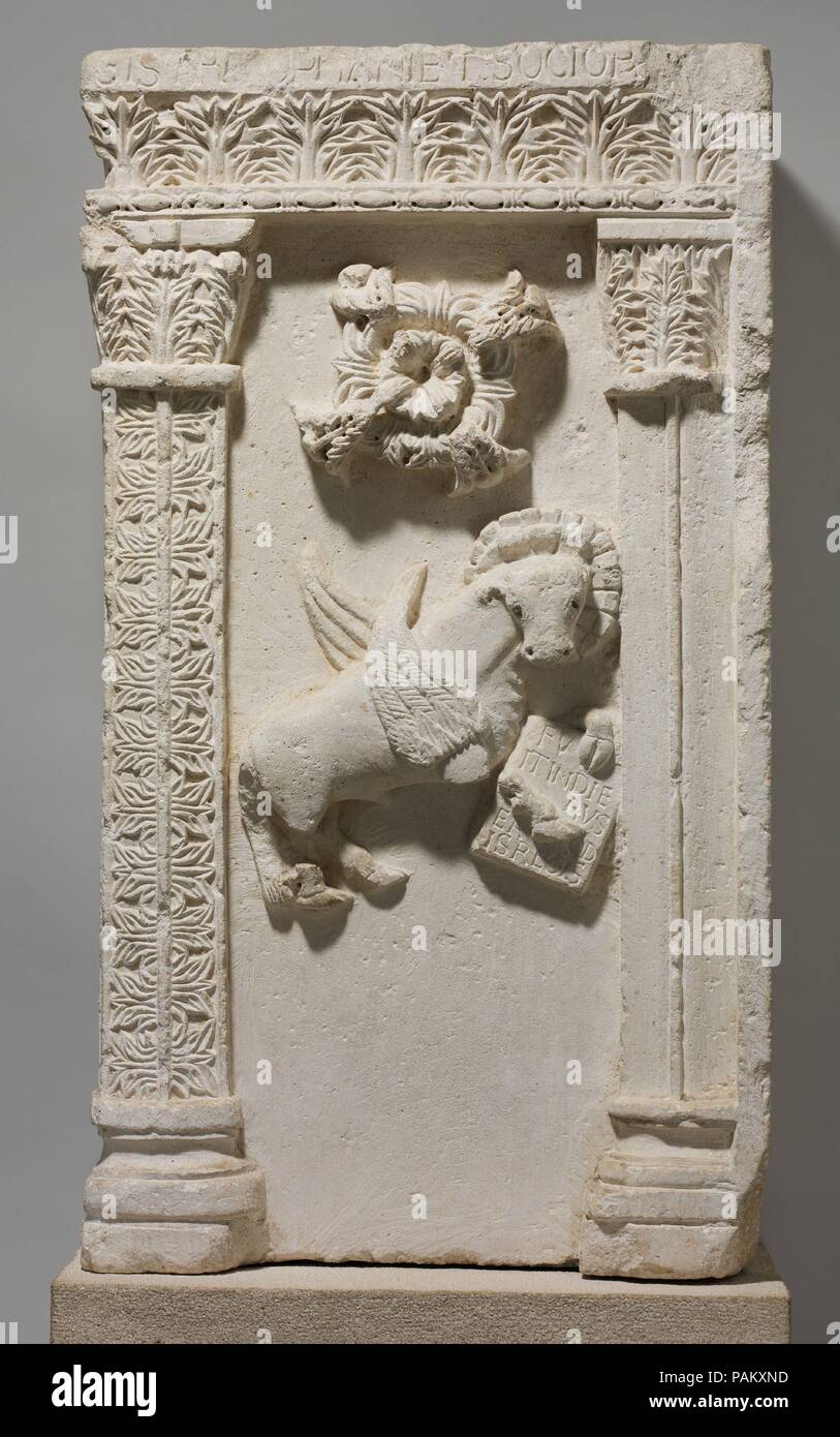 Relief from a Pulpit with the Symbol of Saint Luke. Artist: Master Christophanus or Stephanus (Italian, active late 12th century) , and his Workshop. Culture: Italian. Dimensions: Overall: 45 1/4 x 22 1/16 x 8 1/4in. (115 x 56 x 21cm). Date: ca. 1180.  This relief depicts an ox, the symbol of Saint Luke, holding a book with an inscription from the opening of his Gospel. A second inscription refers to the master sculptor Stephanus and his associates. Nothing more is known of the sculptor, but the hallmarks of his style, with its crispness and richness of decorative forms contrasting with plain  Stock Photo