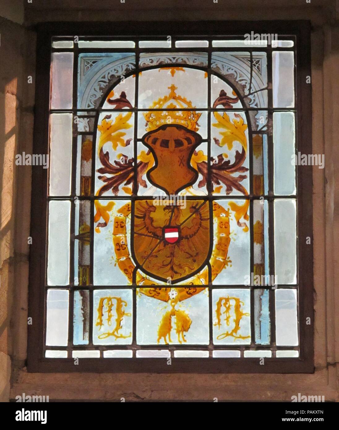 Heraldic Panel with Arms of the House of Hapsburg. Culture: South Netherlandish. Dimensions: Overall: 34 x 21 in. (86.4 x 53.3 cm). Date: ca. 1504-6.  The Gravensteen at Ghent was the principal domain of the Hapsburgs in South Flanders. These stained-glass panels, thought to have come from this imperial residence, are part of a larger series ordered either by Maximilian I or Charles V. From left to right the arms are those of Maximilian I, Philip the Fair, Charles V, and Henry, count of Nassau. Museum: Metropolitan Museum of Art, New York, USA. Stock Photo