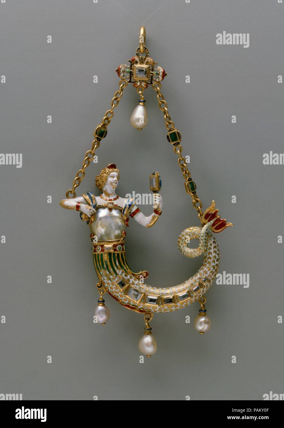 Pendant in the form of a mermaid. Culture: German or French. Designer: Probably based on a design by Reinhold Vasters (German, Erkelenz 1827-1909 Aachen). Dimensions: Height: 4 7/8 in. (12.4 cm). Date: ca. 1870-95.  A number of details of the design of this jewel--including the long, attenuated fish tail, the wispy, featherlike skirt, the stole draped from the shoulders, and the hair styled in a low chignon worn with a tiara--are present in two unpublished designs for a mermaid jewel by the Aachen goldsmith Reinhold Vasters that are now in the Victoria and Albert Museum, London. The techniques Stock Photo