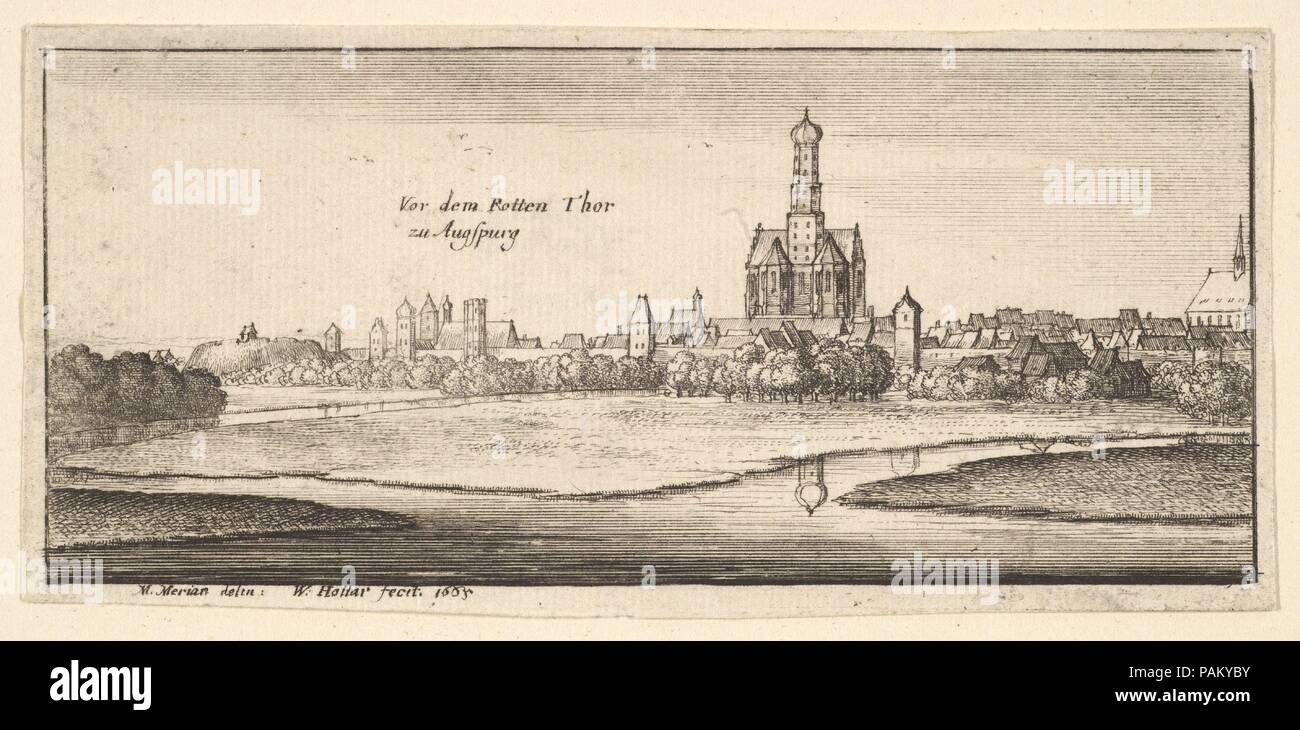 Augsburg. Artist: After Matthäus Merian the Elder (Swiss, Basel 1593-1650 Schwalbach). Dimensions: Sheet: 2 1/8 × 4 5/8 in. (5.4 × 11.7 cm). Etcher: Wenceslaus Hollar (Bohemian, Prague 1607-1677 London). Series/Portfolio: German Views, Twelve plates. Date: 1665.  Distant view of Augsburg from the Red Tower (Rote Tor); stream flowing around fields in foreground; St. Ulrich's and St. Afra's Abbey at centre background.  After a drawing by Matthaus Merian I. Museum: Metropolitan Museum of Art, New York, USA. Stock Photo