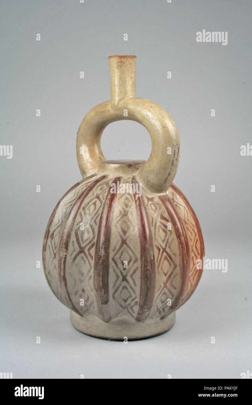 Stirrup Spout Bottle in Cactus Form. Culture: Moche. Dimensions: Overall: 8 1/8 in. (20.64 cm)  Other: 5 in. (12.7 cm). Date: 1st century B.C.-A.D. 2nd century. Museum: Metropolitan Museum of Art, New York, USA. Stock Photo