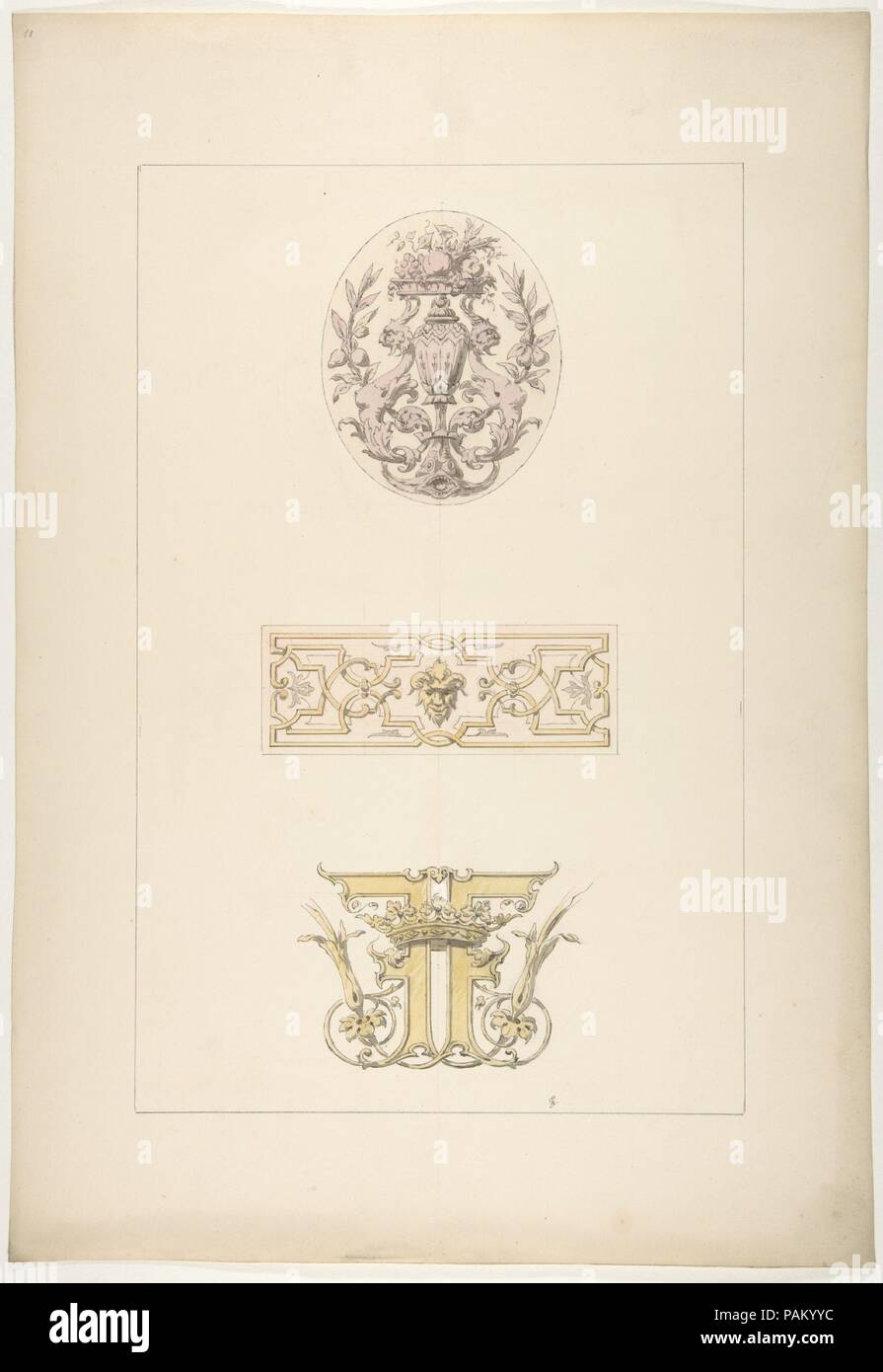 Two designs for decorative panels and one design for an ornamental monogram with a crown and the initials:  FF. Artist: Jules-Edmond-Charles Lachaise (French, died 1897); Eugène-Pierre Gourdet (French, born Paris, 1820-1889). Dimensions: sheet: 19 1/2 x 13 3/8 in. (49.5 x 33.9 cm). Date: 1830-97. Museum: Metropolitan Museum of Art, New York, USA. Stock Photo