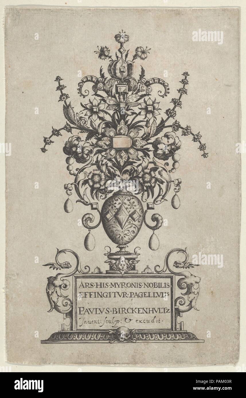Title Page, from Ars His Myronis Nobilis Effingitus Pagellulis. Artist: Paul Birckenhultz (1561-1639). Dimensions: Sheet: 5 1/2 × 3 5/8 in. (13.9 × 9.2 cm). Date: ca. 1600.  Ornamental design with the title on a tablet at bottom center, and jewelry bouquet above. Above lettered tablet, a putto head with wings and skull below. Museum: Metropolitan Museum of Art, New York, USA. Stock Photo