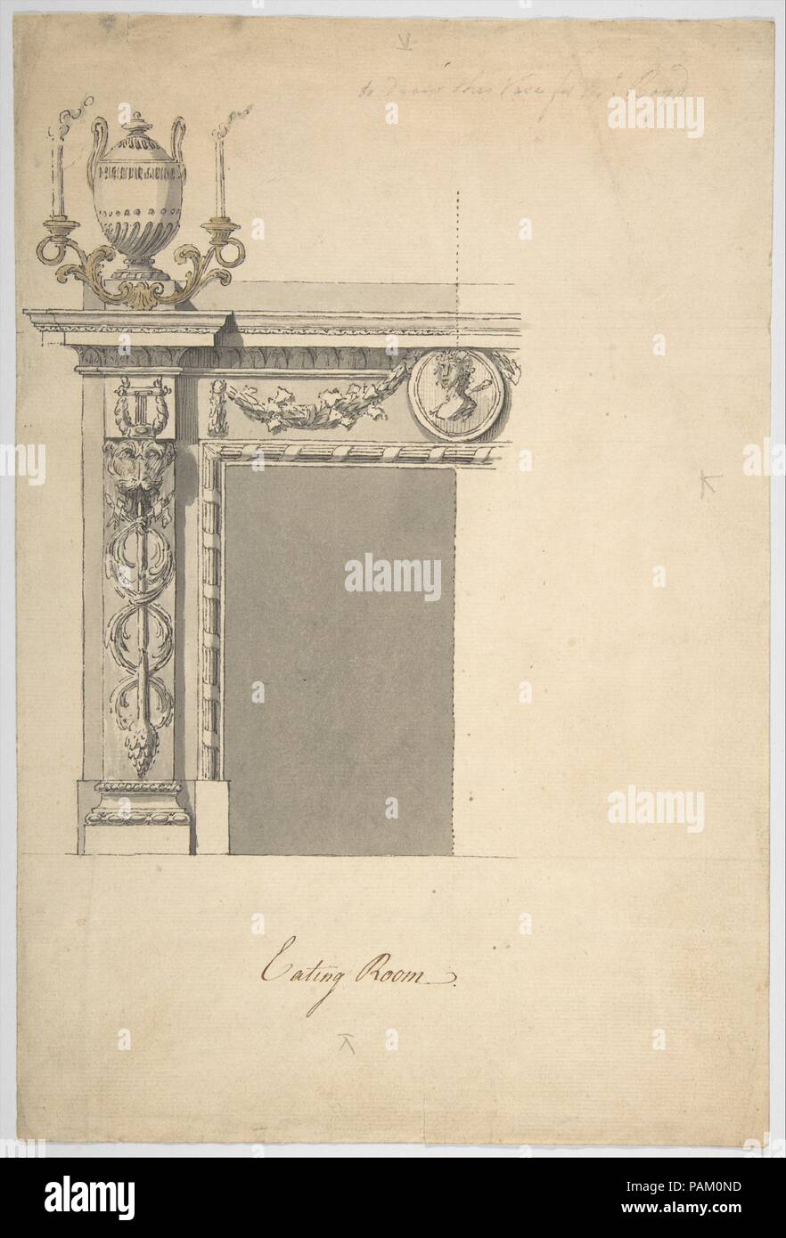Design for a Chimneypiece in the Eating-room, Danson Park, Kent. Artist: Sir William Chambers (British (born Sweden), Göteborg 1723-1796 London). Dimensions: sheet: 11 15/16 x 8 in. (30.3 x 20.3 cm). Date: ca. 1773. Museum: Metropolitan Museum of Art, New York, USA. Stock Photo