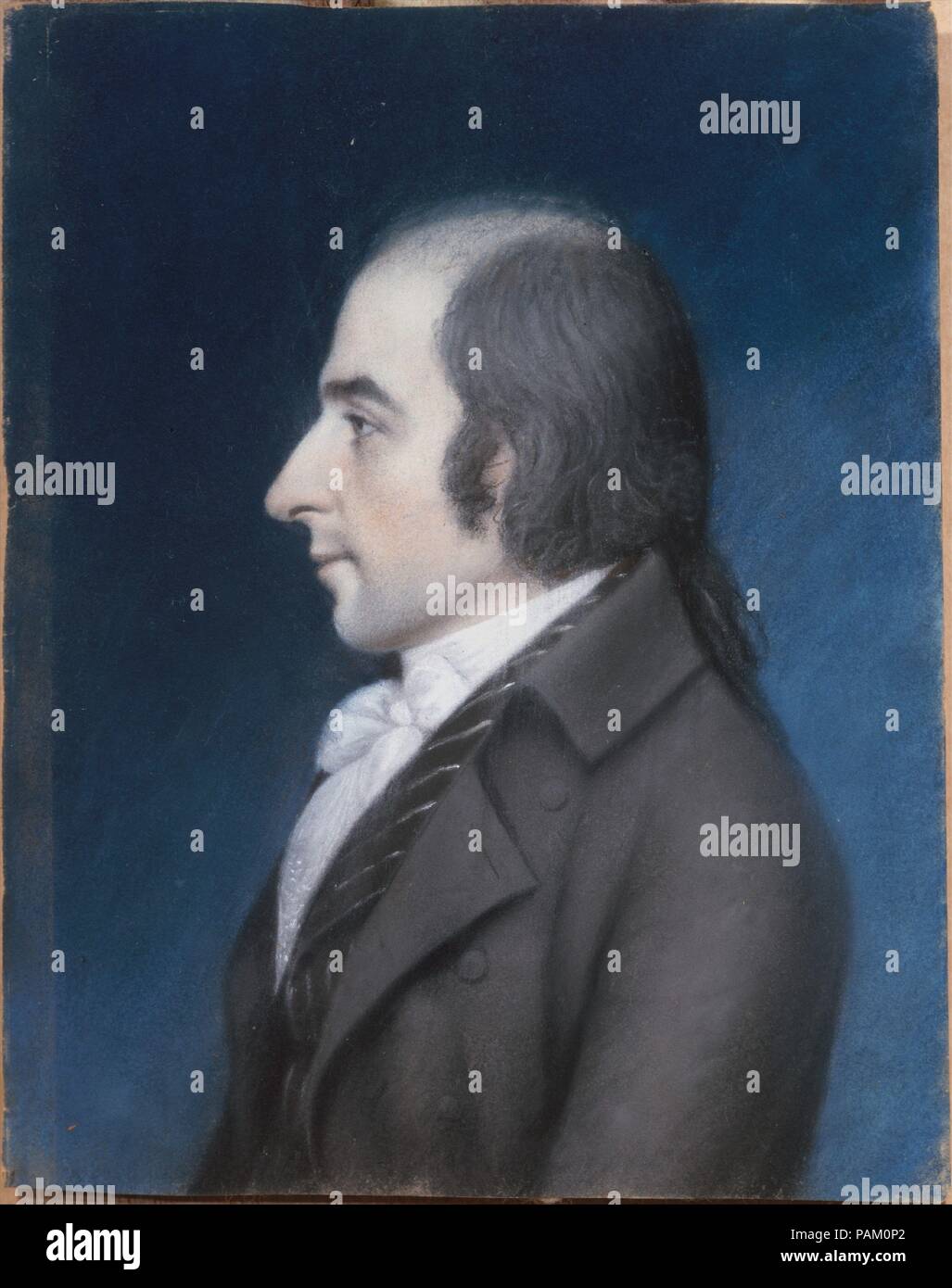 Albert Gallatin. Artist: James Sharples (ca. 1751-1811). Dimensions: 9 3/8 x 7 3/8 in. (23.8 x 18.7 cm). Date: ca. 1796.  The popularity of profile portraits, which ultimately derived from classical medallions honoring famous men of the republics of Greece and Rome, burgeoned during America's Federal period. The English painter and pastelist James Sharples established a career in America in 1794 by asking local and national politicians to sit for profiles and then enticing them into commissioning one or more copies of the completed portraits. Perhaps with some exceptions, Sharples employed a p Stock Photo