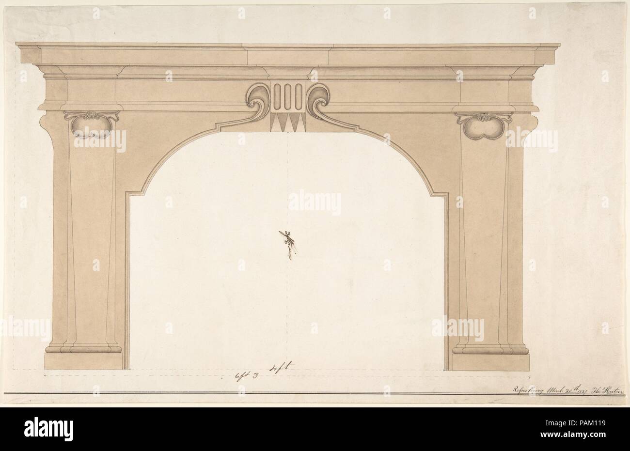 Design for a fireplace. Artist: Thomas Heiton (British, active 1827). Dimensions: sheet: 10 1/4 x 15 7/8 in. (26 x 40.3 cm). Date: 1827. Museum: Metropolitan Museum of Art, New York, USA. Stock Photo